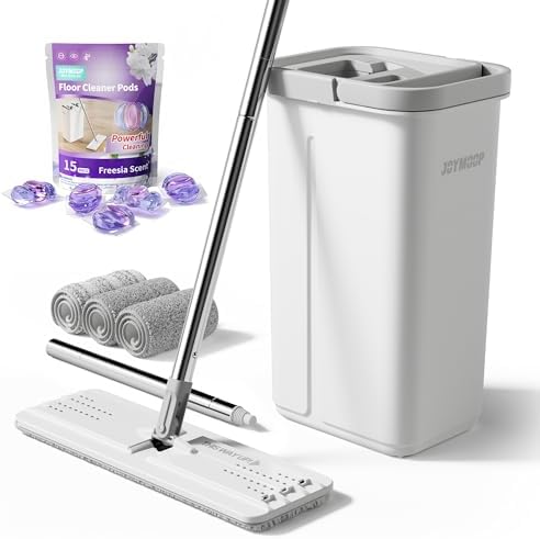 Complete Floor Cleaning Bundle: Hands-Free Flat Mop and Bucket Set with 3 Reusable Microfiber Pads with 15 Freesia Scented Cleaner Pods – Wet/Dry Use for All Floor Types