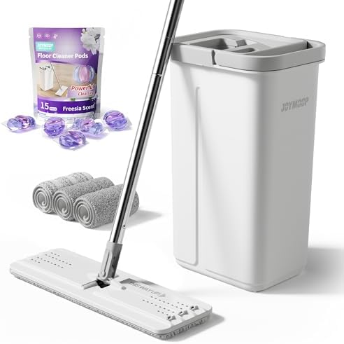 Complete Floor Cleaning Bundle: Mop and Bucket Set with Wringer with 3 Washable Microfiber Pads and 15 Freesia Scented Cleaner Pods – Hands-Free Wet/Dry Floor Cleaning System