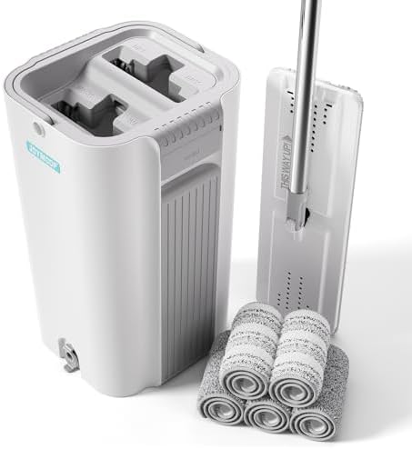 Flat Mop System, 8L Mop and Bucket Set with Extension Handle in White