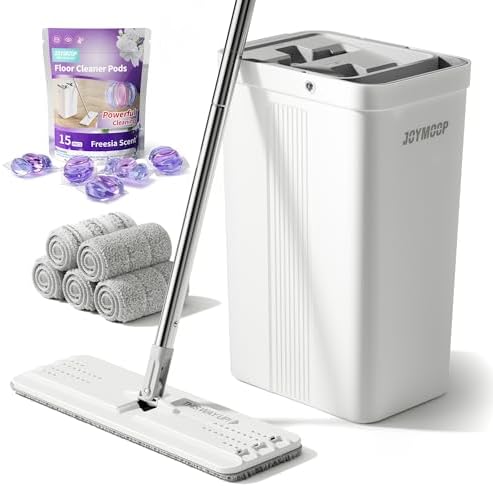 Floor Cleaning Bundle: White Flat Mop and Bucket Set with 5 Microfiber Cloths with 15 Freesia Scented Cleaner Pods – Wet/Dry Use for Hardwood