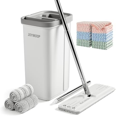 Hands-Free Mop and Bucket with Wringer Set with Microfiber Cleaning in Silver