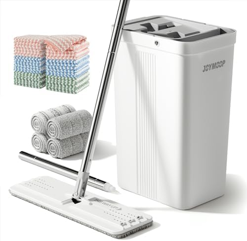 Hands-Free Mop and Bucket with Wringer Set with Microfiber Cleaning in White