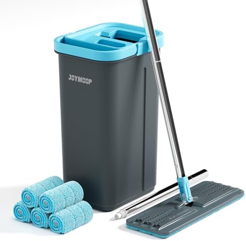 Mop and Bucket Set with Wringer, with 5 Reusable Microfiber Mop Pads in Blue