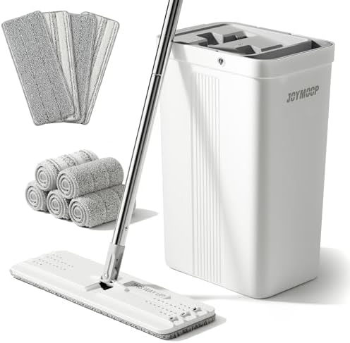 Mop and Bucket with Wringer Set with 50 Mop Handle with Flexible 13 Flat Head with 9 pcs Microfiber Mop Pads