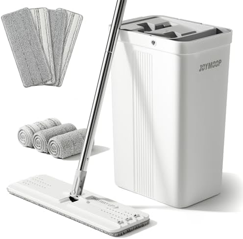 Mop and Bucket with Wringer Set with 50 Mop Handle with Flexible 13 Flat Head with 7pcs Microfiber Mop Pads