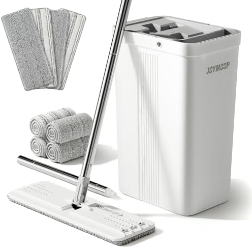 Mop and Bucket with Wringer Set with 61 Mop Handle with Flexible 13 Flat Head with 8 pcs Microfiber Mop Pads