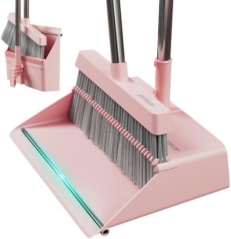 Pink Broom and Dustpan Set with Built-in Comb Tooth