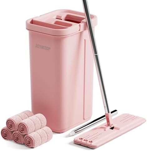 Pink Mop and Bucket with Wringer Set for Home, with 5 Reusable