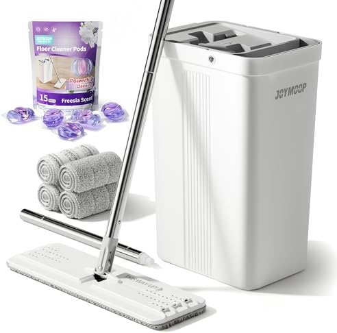 Ultimate Floor Cleaning Bundle: Flat Mop and Bucket Set with 4 Microfiber Pads with 15 Freesia Scented Cleaner Pods – Multi-Surface Hardwood
