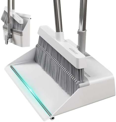 White Broom and Dustpan Set with Built-in Comb Tooth